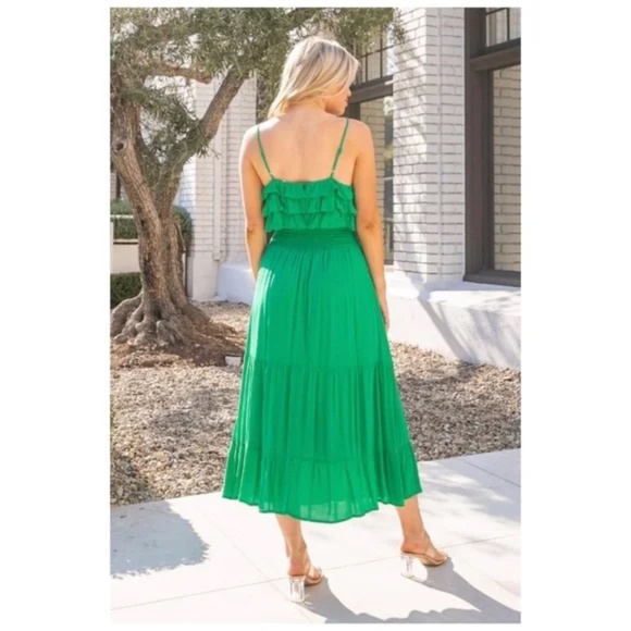 Emerald Green Rayon Gauze Ruffle Smocked Waist Sleeveless Midi Dress - Picture 6 of 6